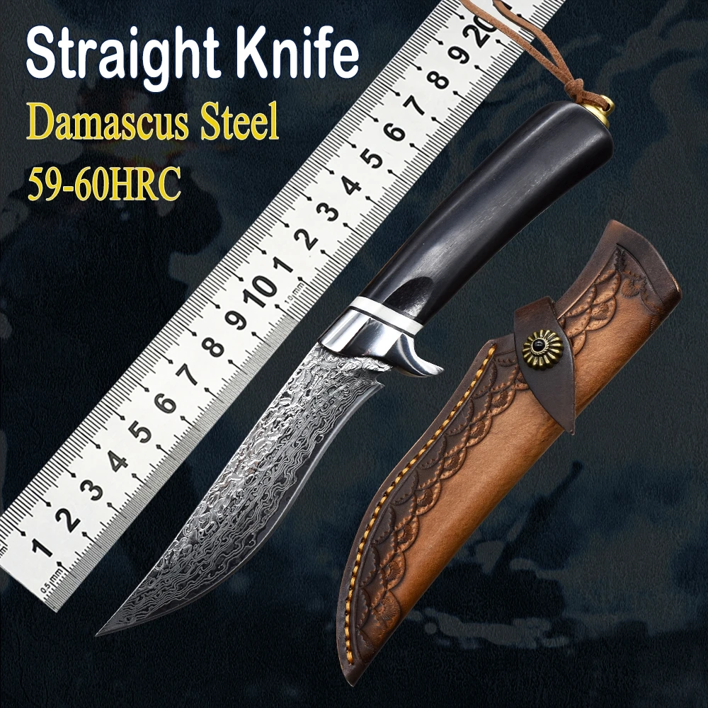 

High quality Damascus steel straight knife camping fixed blade knife outdoor survival hunting knife kitchen leather case knives