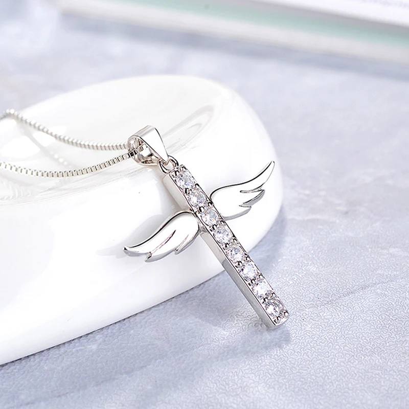 Женское Ожерелье с кулоном в виде креста Ангела из серебра 100% пробы|Ожерелья