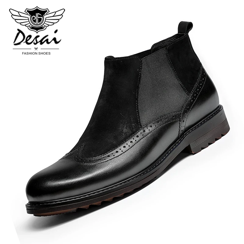 

DESAI 2019 New Men's Martin Boots Genuine Leather Casual Euro Style Chelsea Boots Men Fashion Shoes Carved Brogue Loafer Boots