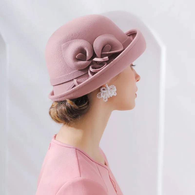 

Women Party Formal Headwear Pink Top Cap Lady Winter Fashion Asymmetric Bowknot 100% Wool Felt Hats Fedora Church Hat ZZ-439