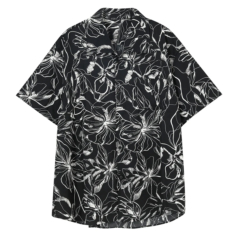 

IEFB Men's Summer New Flora Print Short Sleeve Shirt Vertical Loose Man's Casual Oversized Tops Trend Black White Lapel Clothing