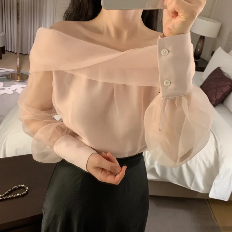 

Elegant Mesh Women Blouse Spring Summer One-shoulder Clavicle Sexy Shirt Solid Casual Long Sleeve Transparent Chic Crop Top