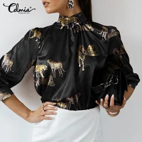 celmia stylish top satin blouse women long sleeve shirt 2021 autumn stand collar casual vintage tiger print elegant party blusas
