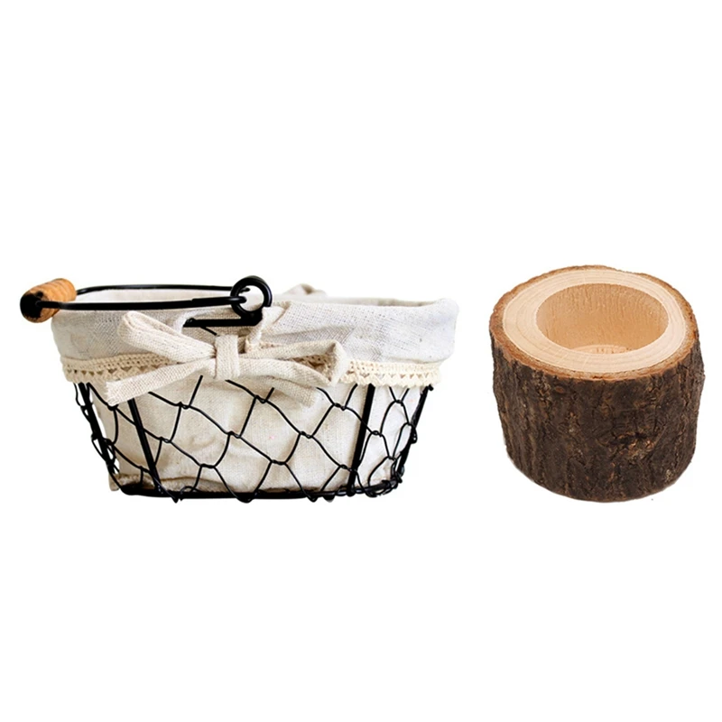 Wood Tea Light With Iron Art Wire Sundries Storage Basket