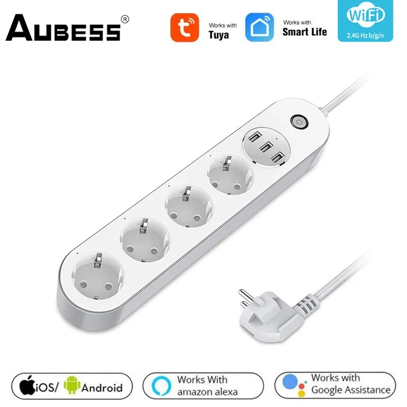 Сетевой фильтр AUBESS Tuya WiFipower Strip европейского стандарта с 4 вилками 3 USB-порта для
