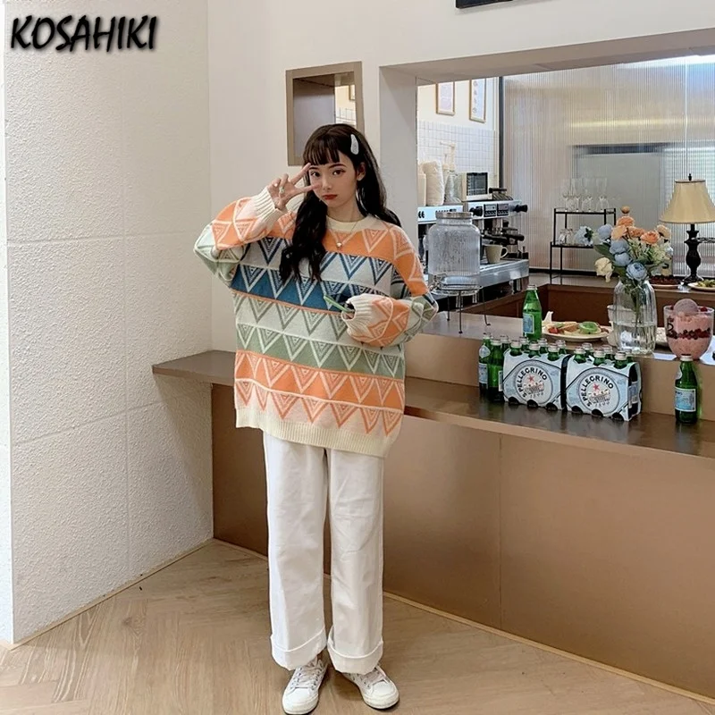

KOSAHIKI Korean Loose O Neck Pullover Women Sweater Harajuku Print Knit Jumpers Sweater Jacket Female 2021 Autumn Pull Femme Top