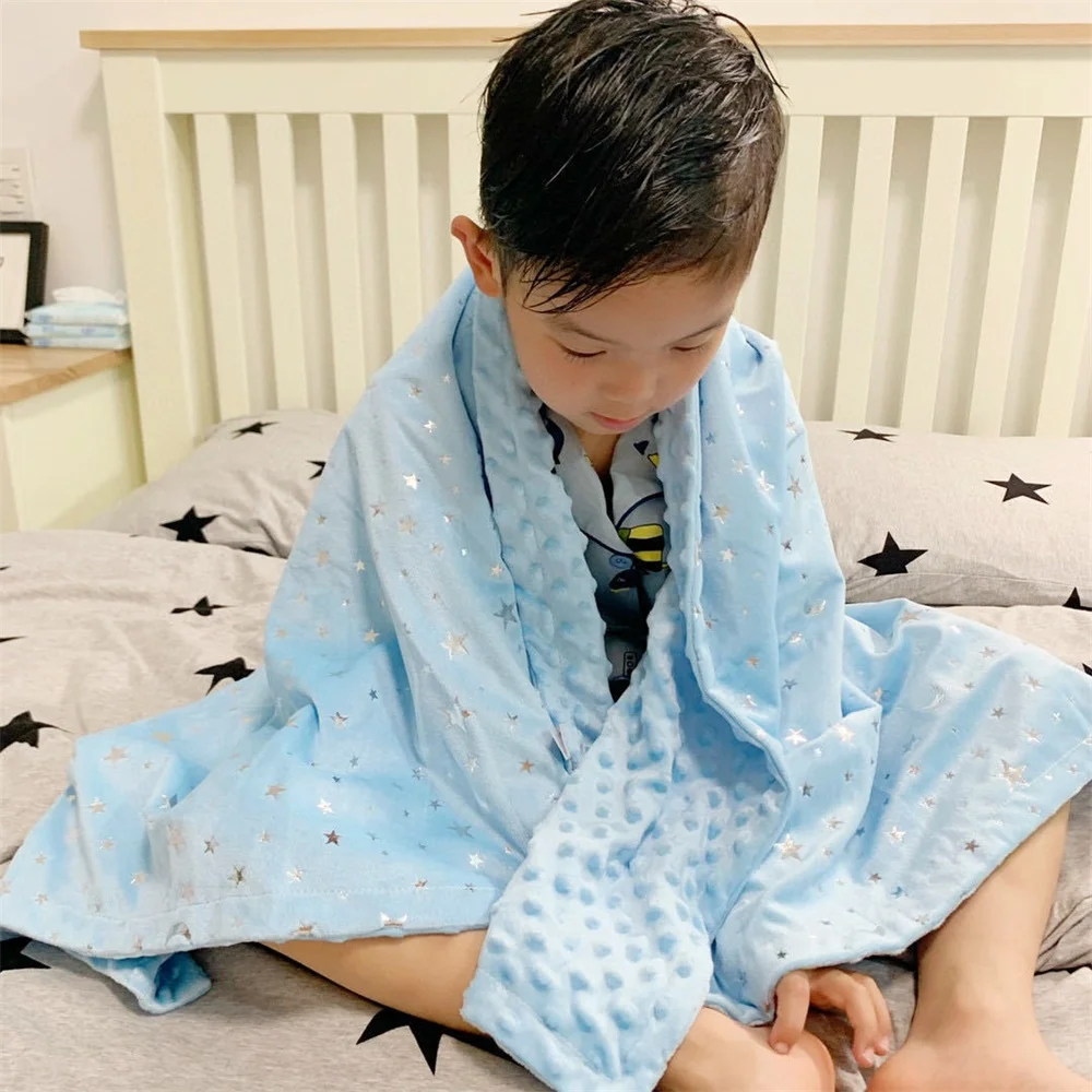 

2 layers Minky Dot Coral Fleece Bronzing Golden Stars Moon Blue Starry Toddler Quilt Girl Baby Blanket Infant Crib Beddings