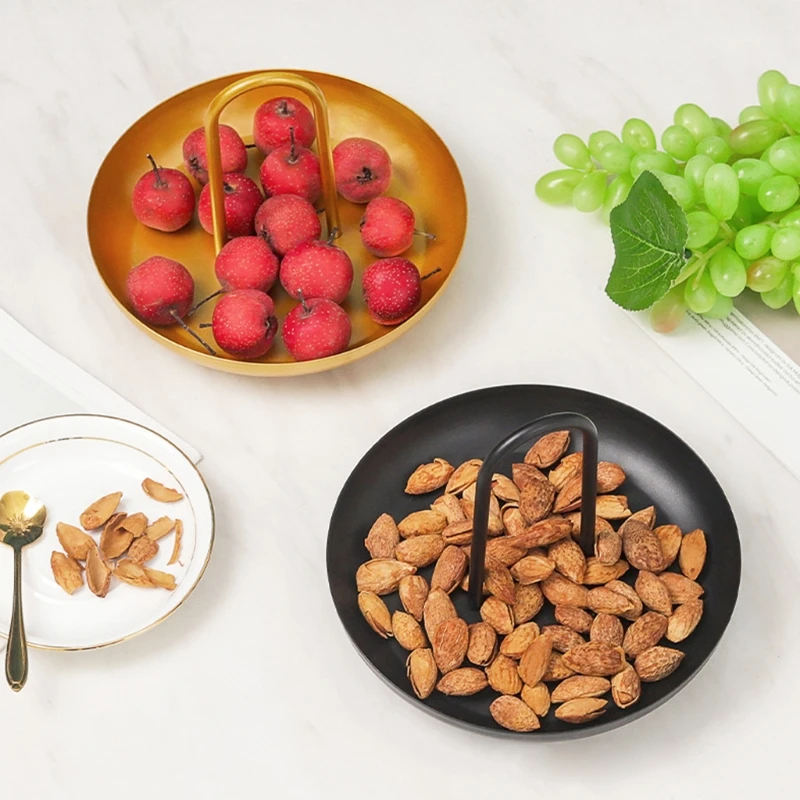 

Round Metal Storage Tray with Handle for Bedside Sofa Living Room Outdoor Indoor Accent Snack Coffee Table Dessert Fruit