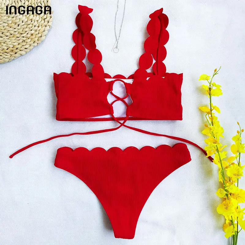 

INGAGA Push Up Bikinis 2021 Swimsuits Scalloped Edge Swimwear Women Black Bandeau Bathing Suit Women Solid Biquini Beach Wear