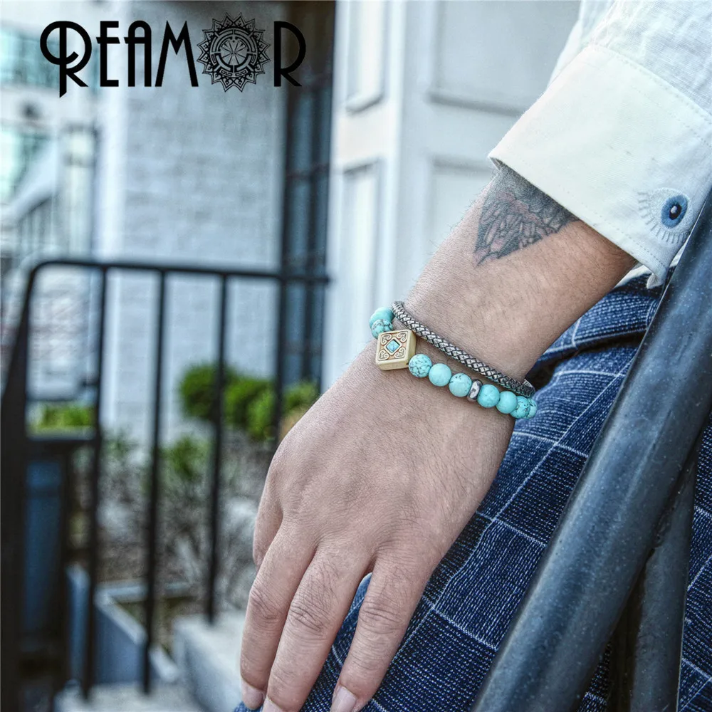 REAMOR натуральная бирюза этнический браслет из деревянных бусин homme модные