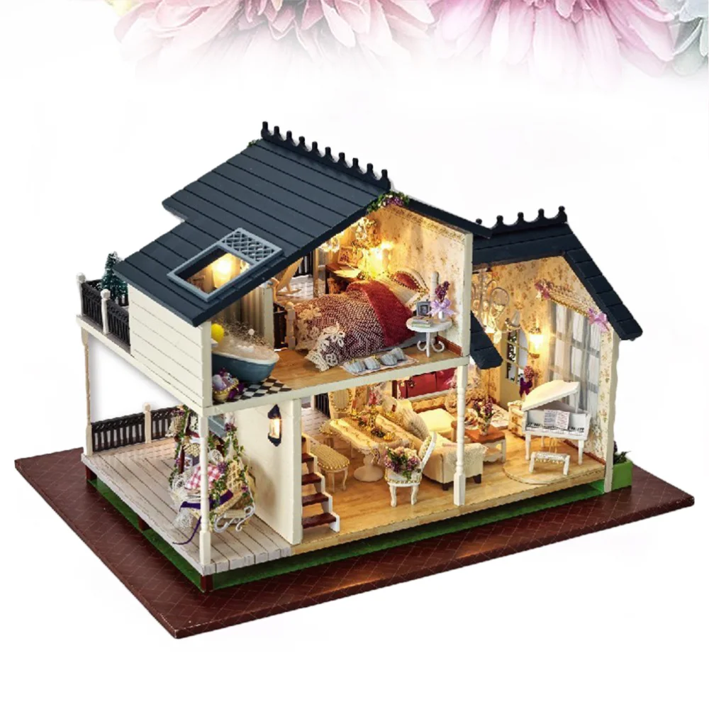 

1 Set DIY Wooden Villa Provence Lavender LED House Model Mini Romantic Artwork Without Battery for Friends Lovers