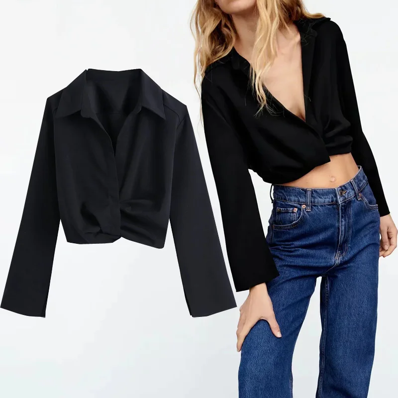 

Traf Za Women's Black Shirt Cropped Baggy Women Shirt Fashion Woman Blouses 2021 Elegant Beautiful Cool Casual Blouses New