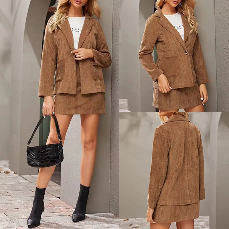

Khaki Womens Skirt Suits Vintage Long Sleeve Spliced Pockets Coat Two Piece Set Women Mini Skirts 2021 Autumn Slim Casual Suit