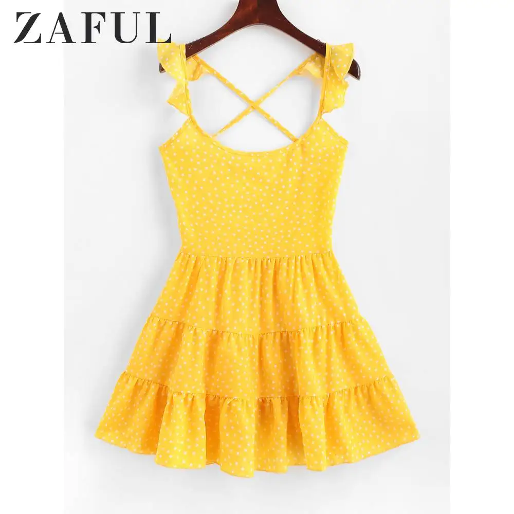 ZAFUL Сексуальное Женское милое платье на бретельках в горошек шнуровке крест