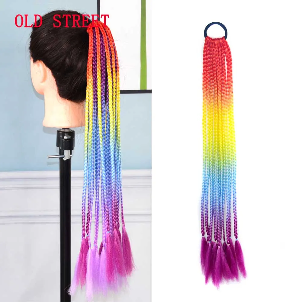 

Синтетическая прямая коса для конского хвоста с эластичной резинкой, удлинители волос для вязания крючком, плетение с Омбре, Радужный Цветн...