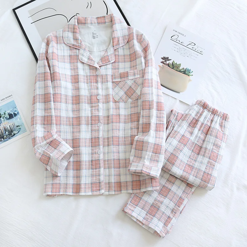 Spring And Summer New Couple 100%Cotton Crepe Pajamas Two-piece Men's Long-sleeved Trousers Ladies Home Service Set Simple Plaid