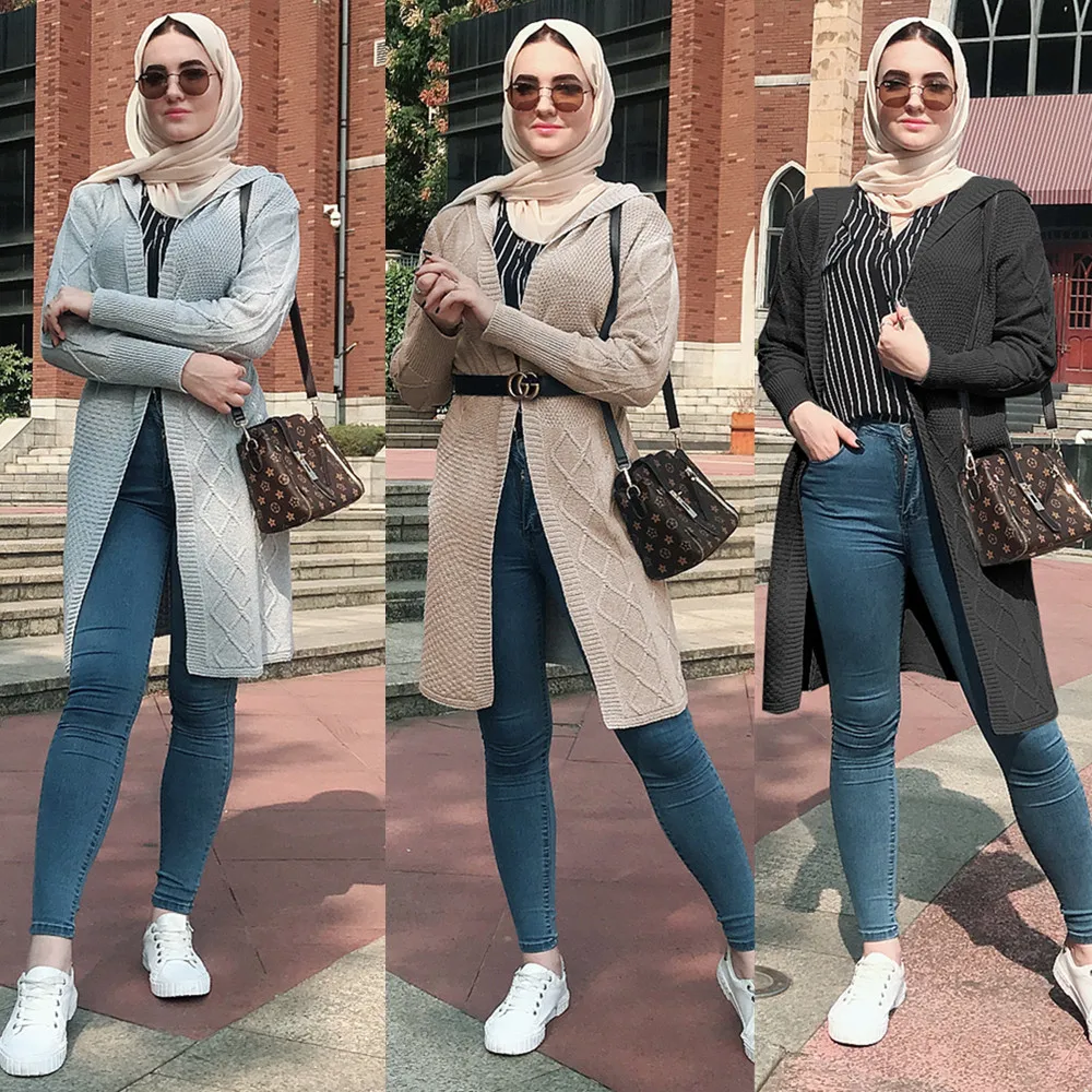 Зимний свитер открытый вязаный кардиган абайя мусульманская блузка платье