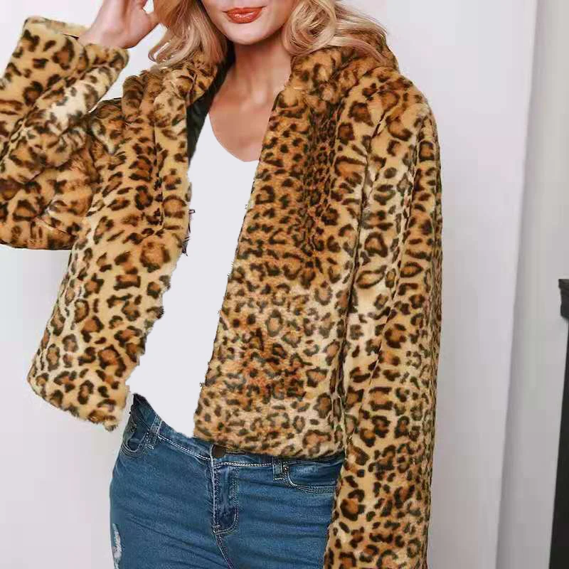 

Fashion Furry Winter Coats Women Cropped Soft Coat Leopard Overcoat Jacket Women Loose Hooded Faux Fur Coat Female Jacket Casaco