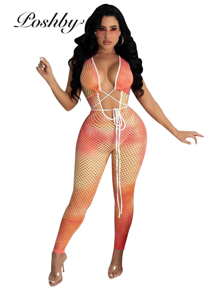 

Poshby Mesh Hole Jumpsuit Women Summer See Through One Piece Overalls Line Up Strench Rompers Sexy Club Party Outwear 2021 Cloth