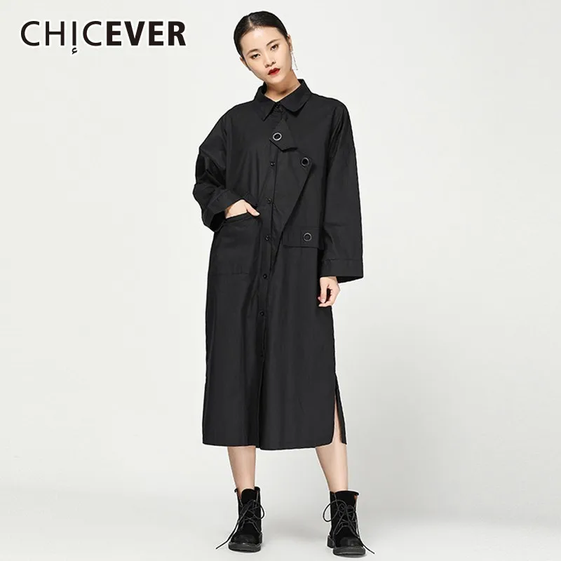 CHICEVER осенние платья для женщин с отворотом длинным рукавом однобортное разрезом