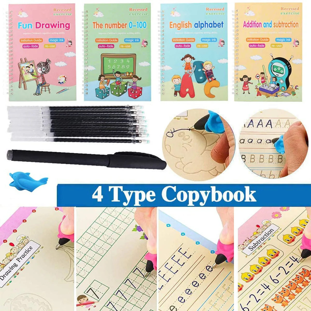 

4Books/sets of Children's Copybook Reusable Handwriting Practice Learn English Magic Stationery Calligraphy Toys