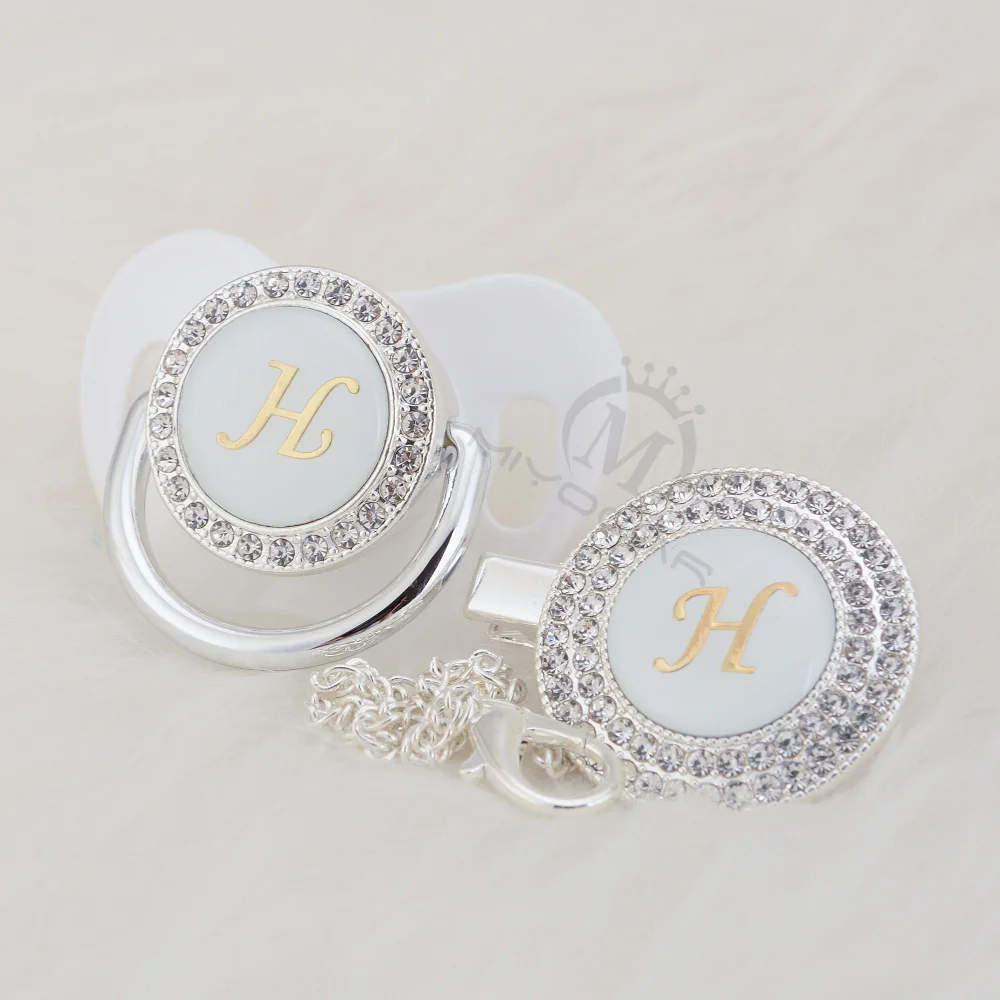 MIYOCAR-chupete ostentoso con iniciales plateadas, juego de chupete con clip, sin BPA, regalo para baby shower, LH-1-1