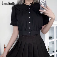 insgoth aesthetic ruffled solid black t shirt goth vintage short sleeve button up crop top harajuku streetwear women t shirts