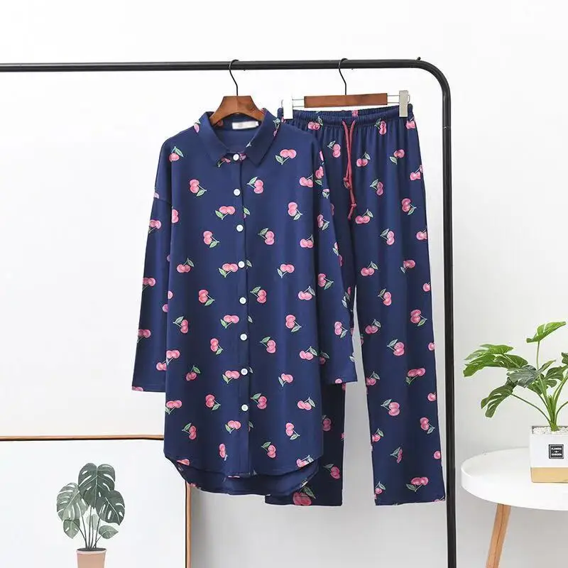 Осенне зимняя Пижама женская новинка 100% хлопок костюм милый маленький вишневый