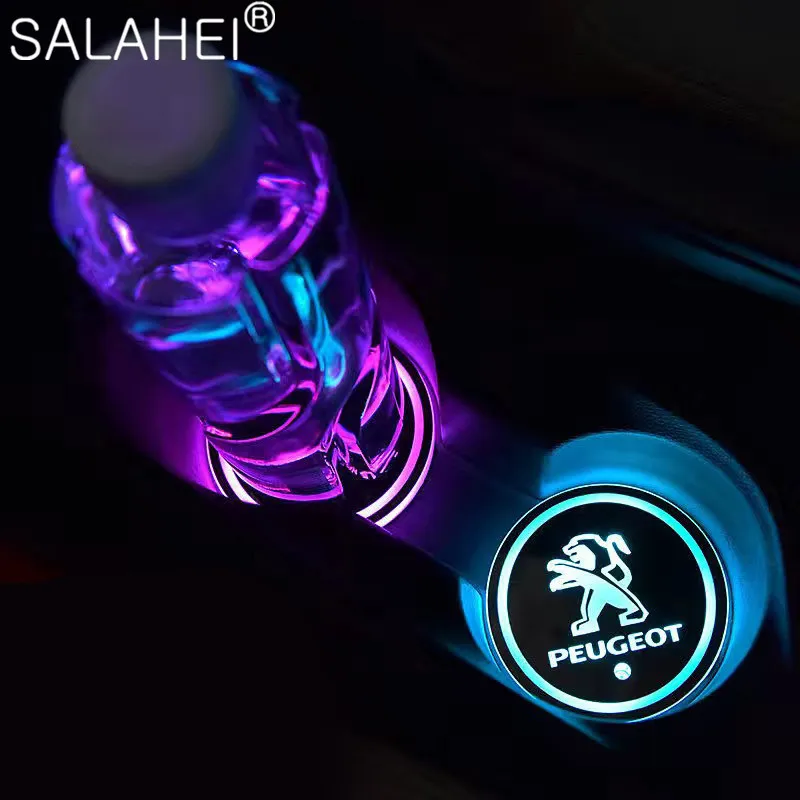 

2pcs LED Car Logo Cup Holder Pads USB Charging Coasters Drinks Holders For Peugeot GT 207 307 407 507 508 408 308 Car Goods