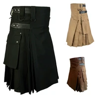 casual mens pleated skirt scotland plaid contrast color pockets solid casual autumn fashion scottish style mens skirt