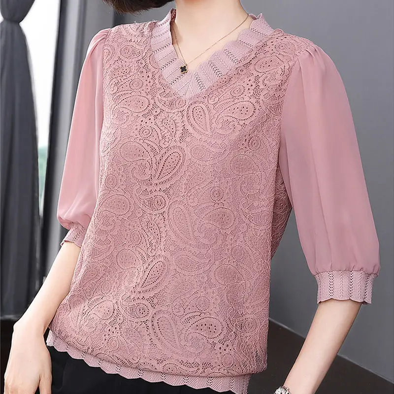 Lace Chiffon Shirt Women's 2022 Summer New Loose Western Style Thin Top Fashion Age Reduction Temperament images - 6