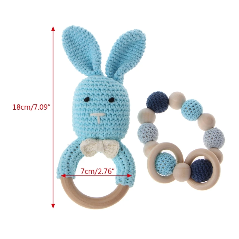 

2Pcs/Set Baby Wooden Teether Bracelet Crochet Bunny Teething Ring Chewing Toy