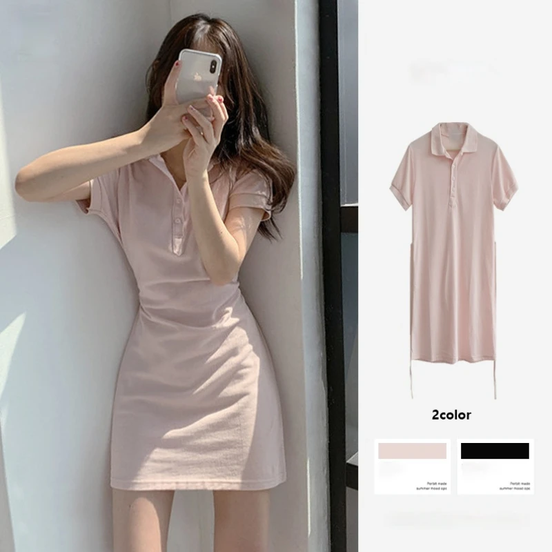 2021 Fashion Summer Casual Office Lady Lace Up Pink Shirt Dress Women Elegant Korean Slim Chic A-Line Large Size