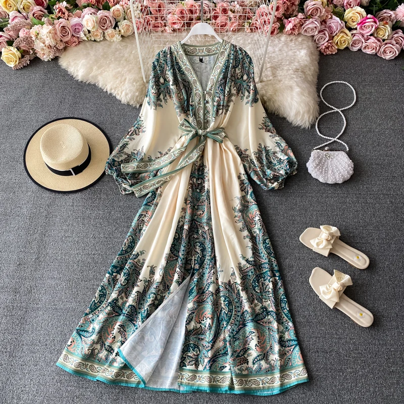 Женское модельное винтажное платье макси с длинным рукавом и цветочным принтом
