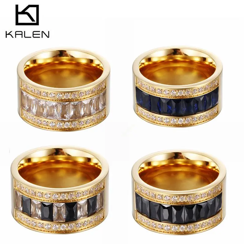 Kalen Bulgaria, золотые кольца Anillo для свадьбы, помолвки, синий/белый/черный кристалл, кольца для женщин, подарок, кольца на палец из нержавеющей стали, ювелирные изделия