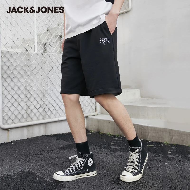 JackJones Men's 100% Cotton Black Letter Embroidery Sporty Casual Loose Fit Shorts | 221215021 Мужская одежда