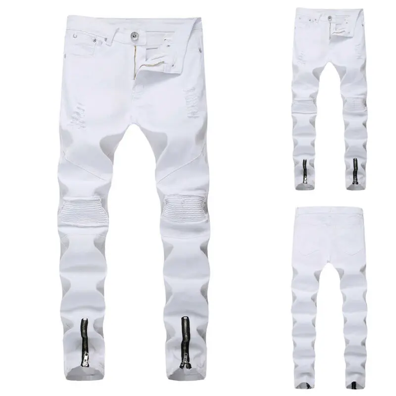 

Mens Skinny Jeans White Slim Fit Ripped Long Pants Distressed Zippered Trouser