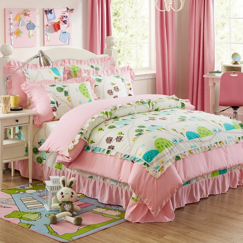

Chic Floral Pink Duvet Cover Set Cotton Farmhouse Bedding Twin Queen size 4Pcs with Zipper 1duvet Cover 1 Bed sheet 2 pillowcase