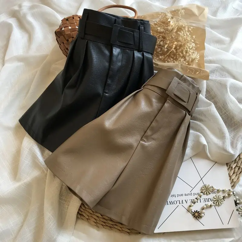 

Шорты из искусственной кожи с завышенной талией, новинка сезона осень-зима 2021, женская зимняя верхняя одежда, кожаные шорты, женский комбине...