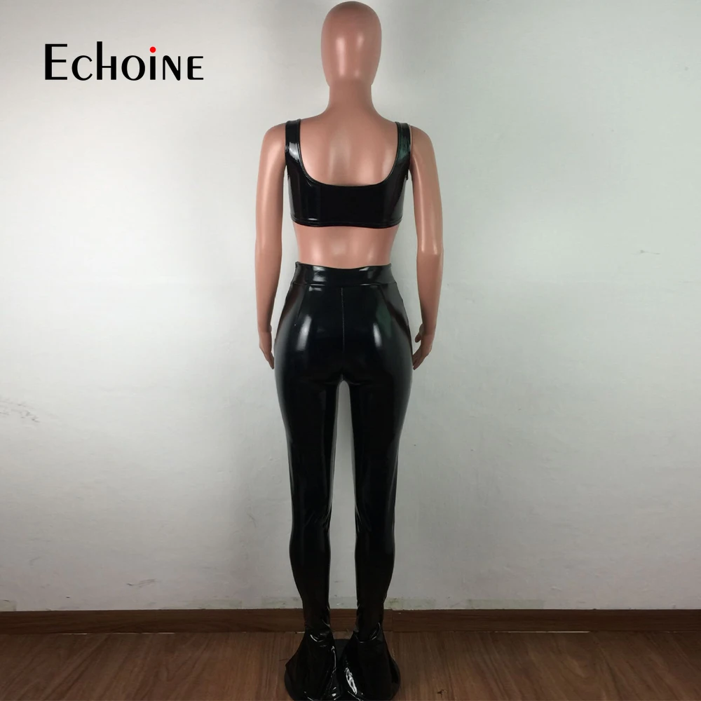 

Echoine Women winter PU Faux Leather Sexy 2 Piece Set Low Neck Sleeveless Crop Top and Flare Bottom Pant Suits Club Party Outfit