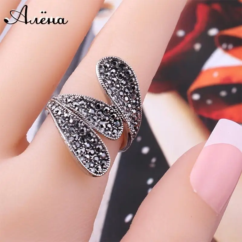 Женское Винтажное кольцо KCALOE длинное с черным кристаллом и стразами Anillos