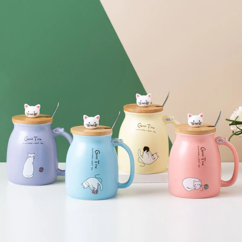 

450ML Cute Cat Mug Novelty Lovely Kitty Ceramic Coffee Cup with wooden lid and Stainless Steel Spoon