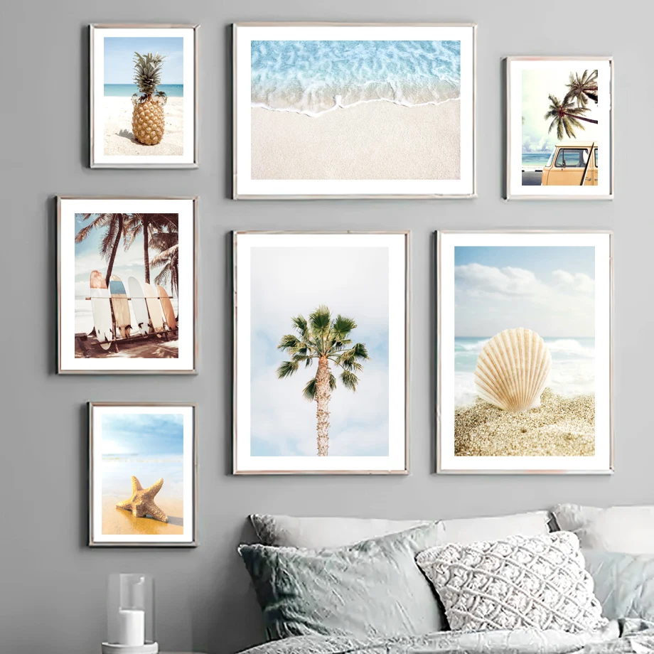 

Nordic Poster Beach Waves Surfboard Van Palm Tree Starfish Shell Wall Art Print Canvas Painting Decor Pictures For Living Room