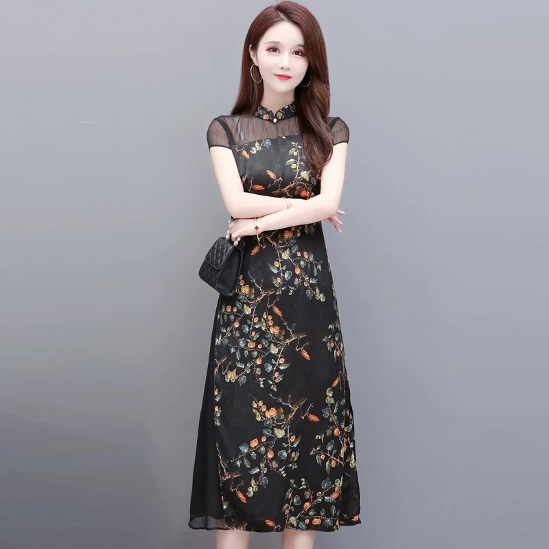 

Summer Fashion Short Sleeve Dress Vintage A-line Dress Women Beach Chiffon Midi Dresses Ladies Flare Printed Party Sexy Dress