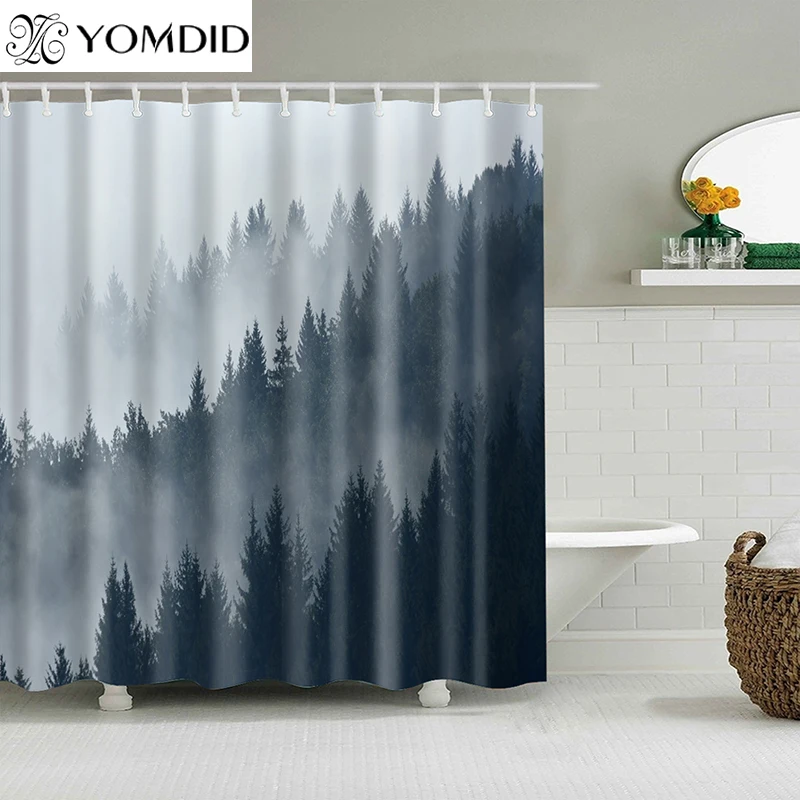 Forest Heavy Fog Scene Shower Curtains Fabric Polyester Bath Curtain With Hooks 3d Printed Natural Landscape Bathroom Curtains