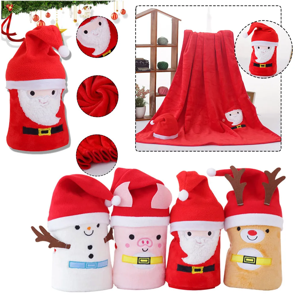 OUNEED 1 Pc Hat and Flannel Blanket Set Snowman Super Soft Christmas Cartoon Flannel Fluffy Blanket Bed Sofa Children Gift#45