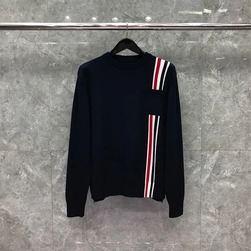 TB THOM Sweater Autunm Winter Sweaters Male Fashion Brand Clothing Cotton RWB Stripe Crew Neck Pollover Coat Navy TB Sweaters