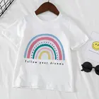 Новинка 2021, стильная детская футболка, милые топы, модная детская футболка с радужным принтом семи цветов, повседневные белые футболки для мальчиков и девочек
