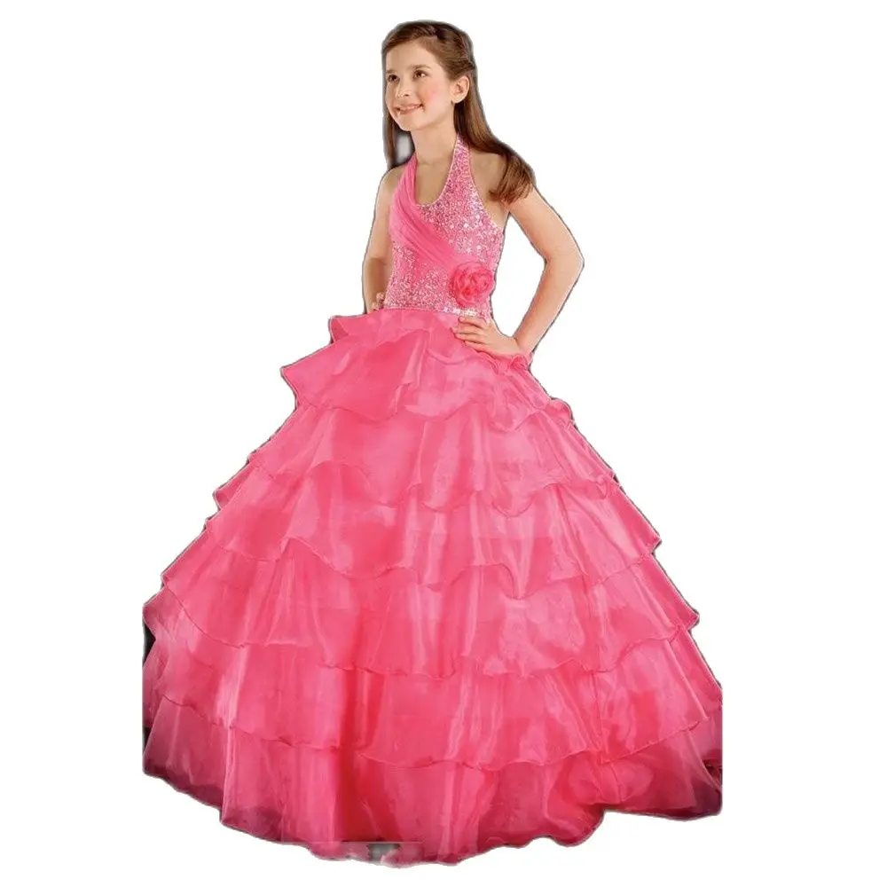 

Hot Pink girls Prom dresses With Hand Made Flower Layered Tiered Girls Pageant Dresses Full Length Halter Ball Gown