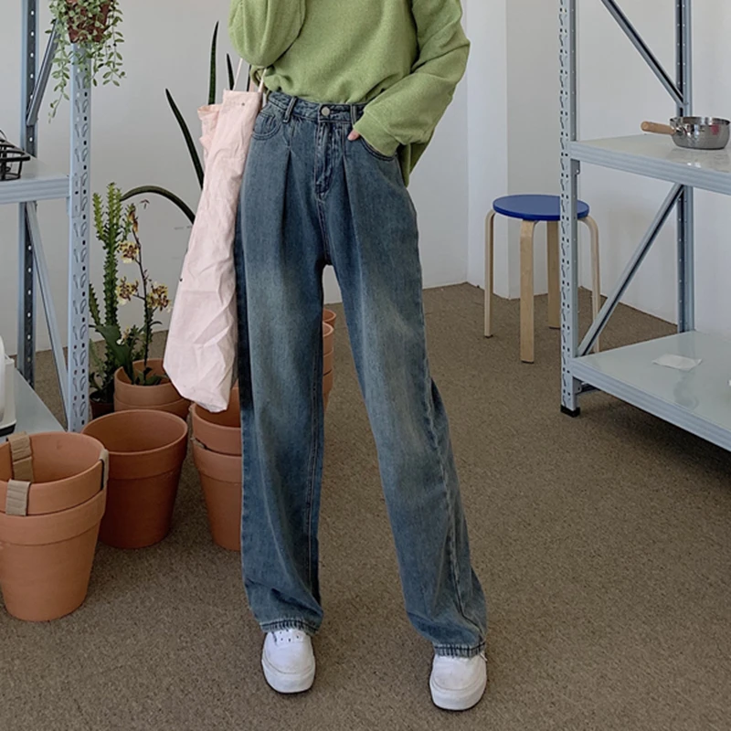 Уличная Высокая талия женские модные джинсы прямые брюки винтажные | Женская